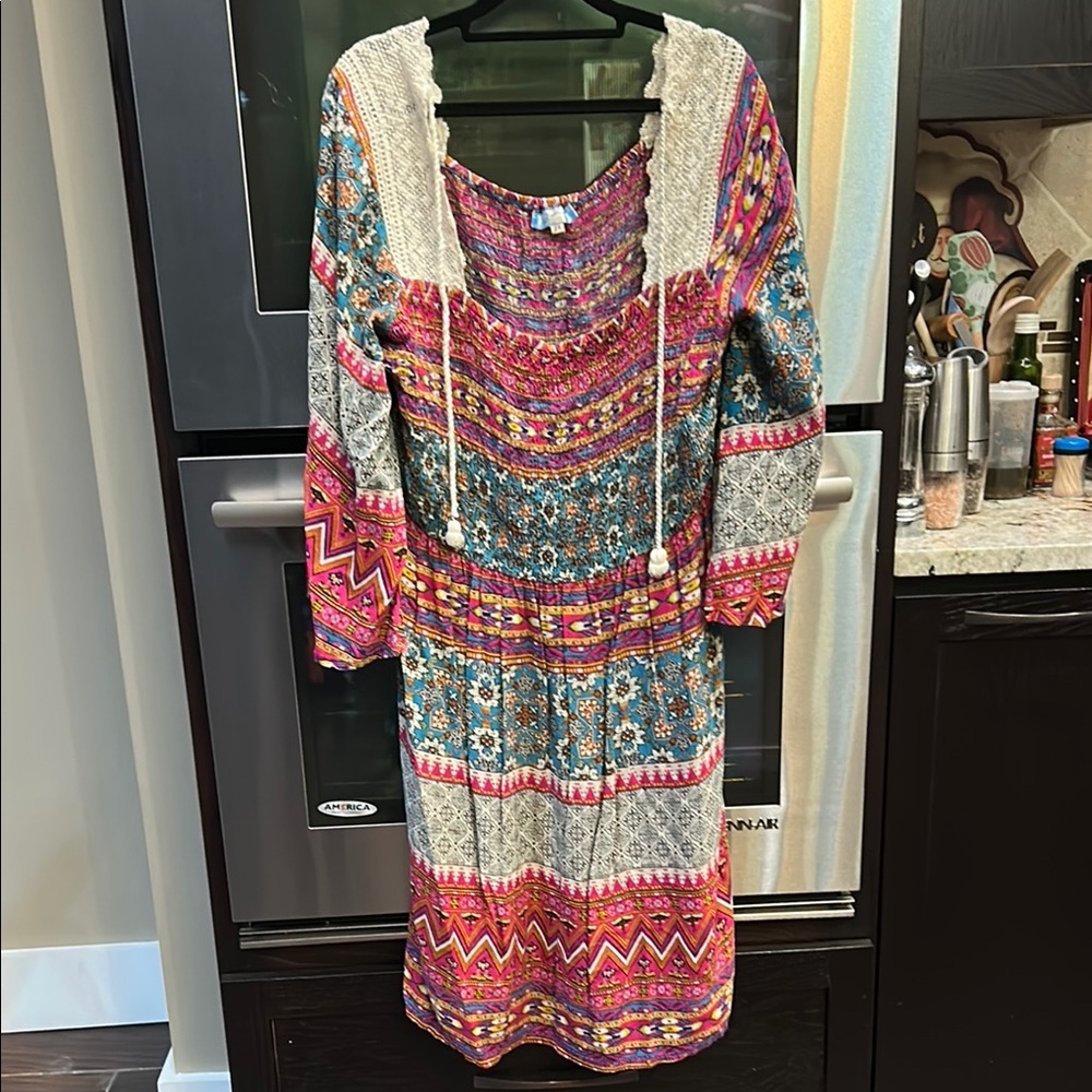 Pink and Green‎ Casual Midi Sundress with Bishop Sleeves
